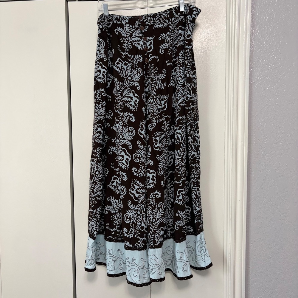 Soft Surroundings Brown Blue Floral Paisley Maxi Skirt Cotton Tall XL Boho